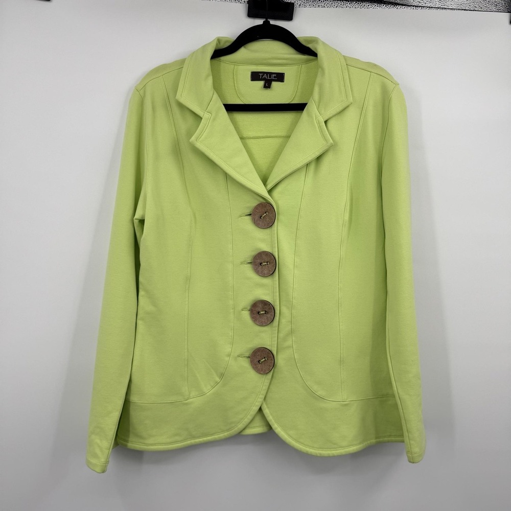 Talie Blazer Womens Large Green French Terry Collared Pockets Button Jacket